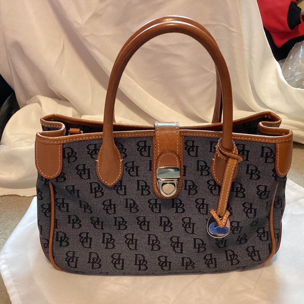 Dooney Bourke Denim Blue leather handles purse bag Denim shoulder tote